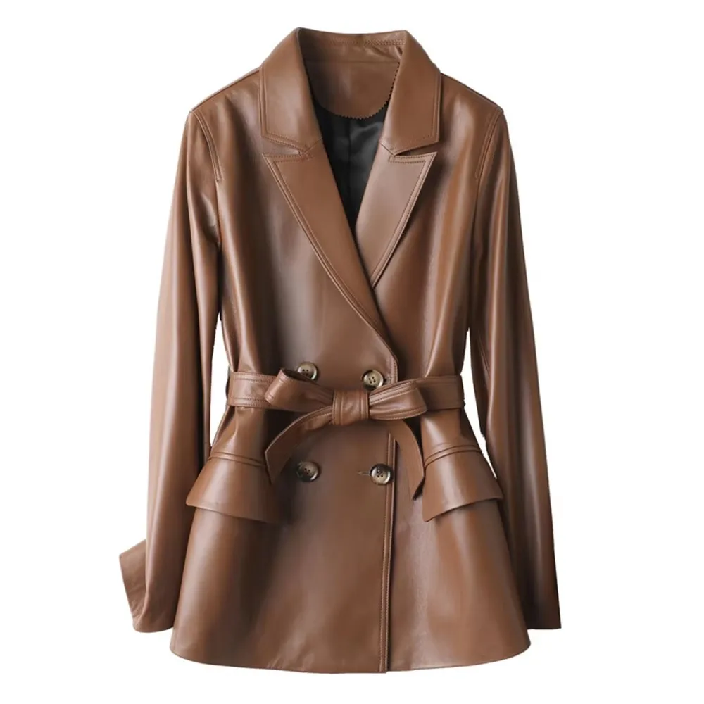 Klasyczne dwurzędowe damskie marynarki ze skóry naturalnej, eleganckie wiosenne płaszcze biurowe z klapami, sznurowane, z paskiem, z owczej skóry.