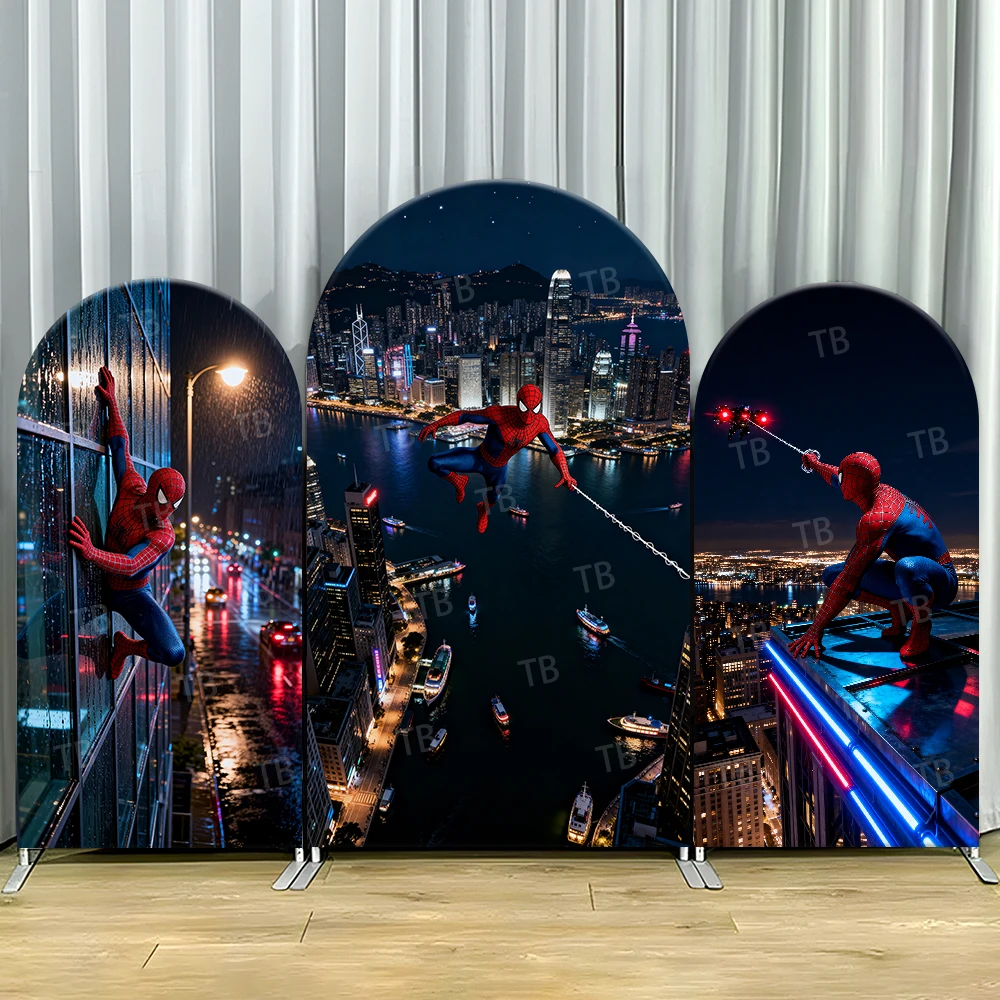 

Spider-Man City Night Arch Backdrop Cover Neon Scene For Kids Birthday Party Dynamic Cartoon Theme Photo Booth Decor Prop
