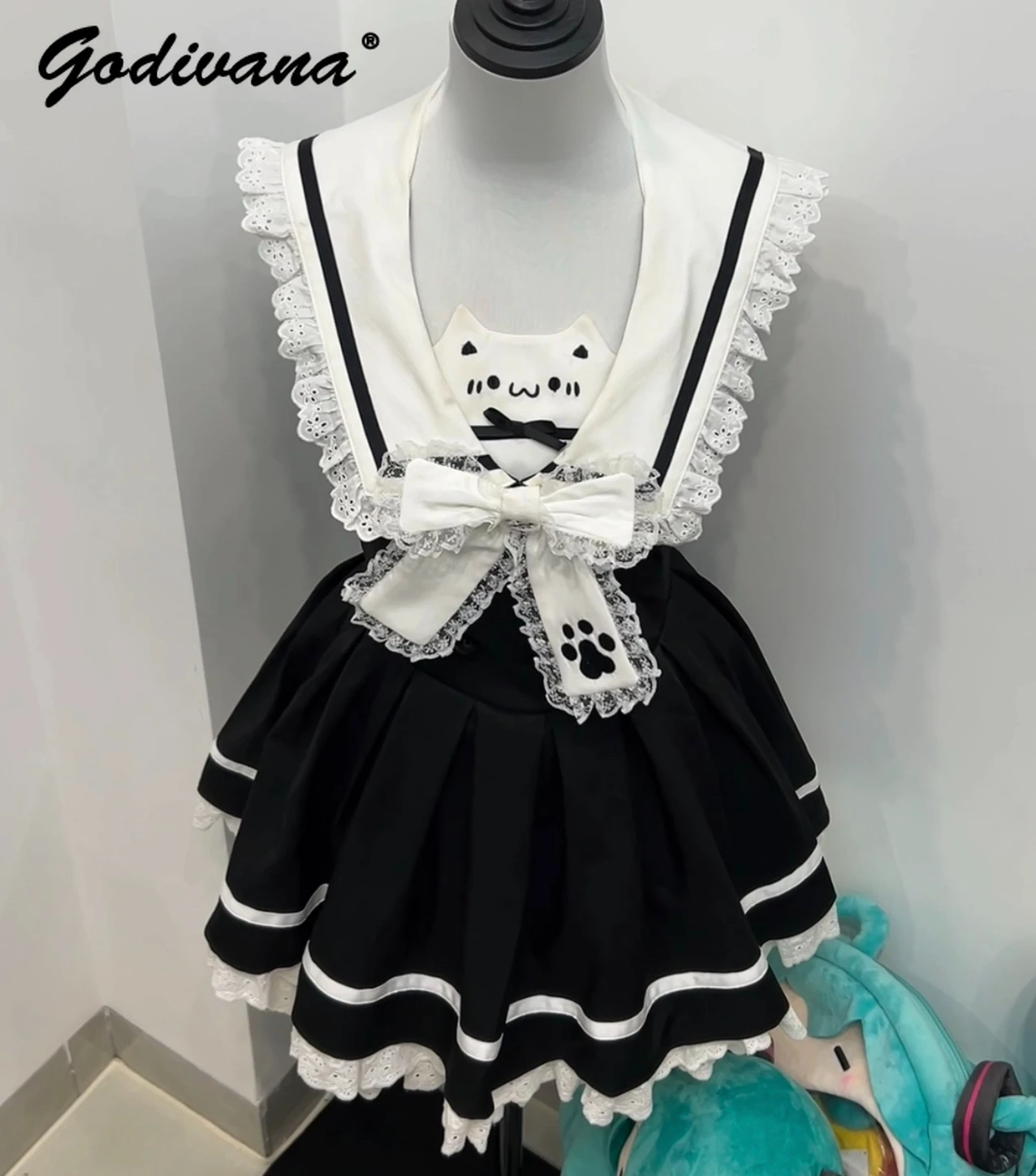 

New Summer Sailor Collar Kitten Lace Sleeveless Backless Cat's Paw Bow Dress Girl Women's Lolita Short Dresses