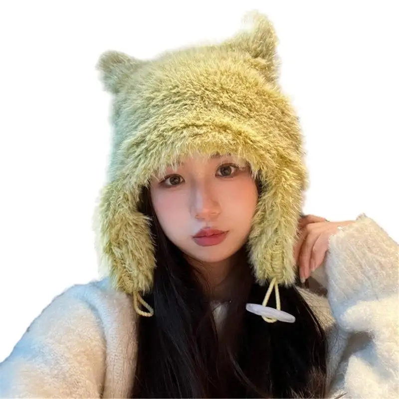 

652F Winter Teenagers Ox Horn Beanie Windproof Trapper Hat Ear Protector Hat Adult Winter Cycling Skiing Supplies