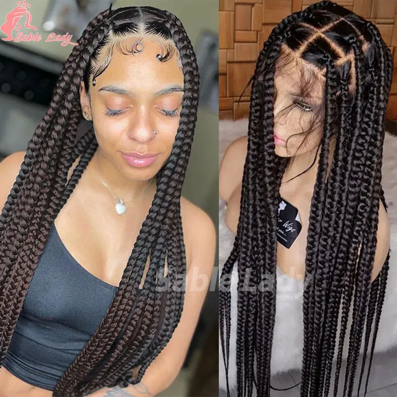 

36 Inches Cornrows Braided Wigs Synthetic Full Lace Wig For Black Women Jumbo Braided Wigs Lace Frontal Faux Locs Box Braids Wig