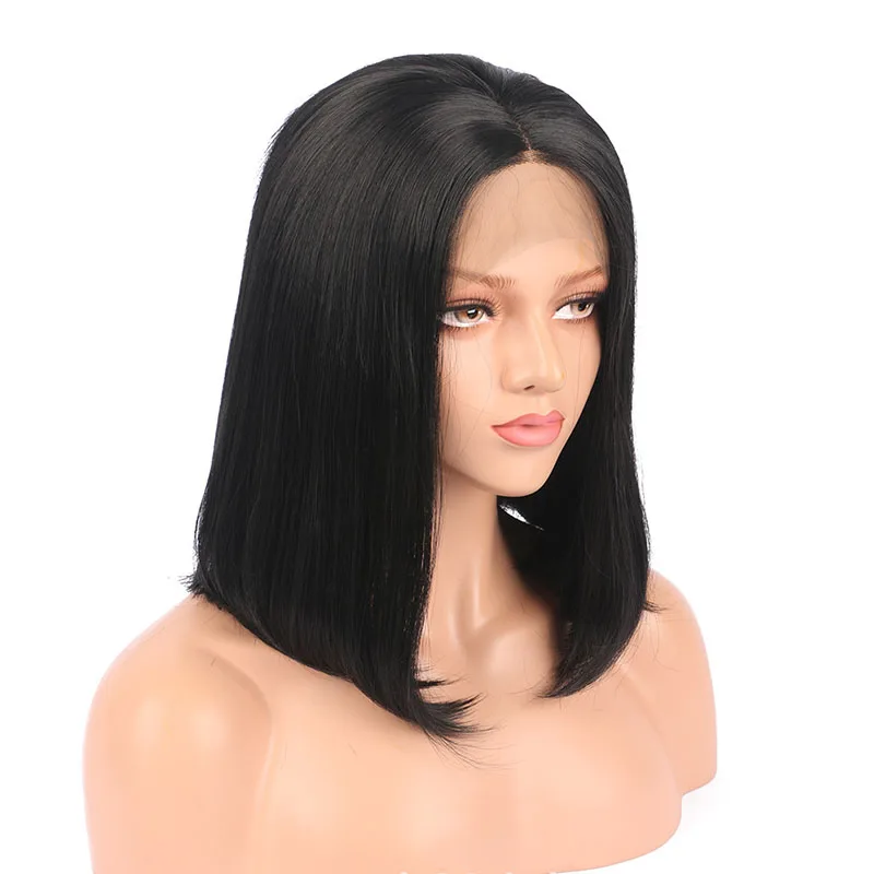 

Black Soft Lace Front Wig 16" Short Silk Straight 180Density For Women With Baby Hair Glueless Synthetic Preplucked Daily