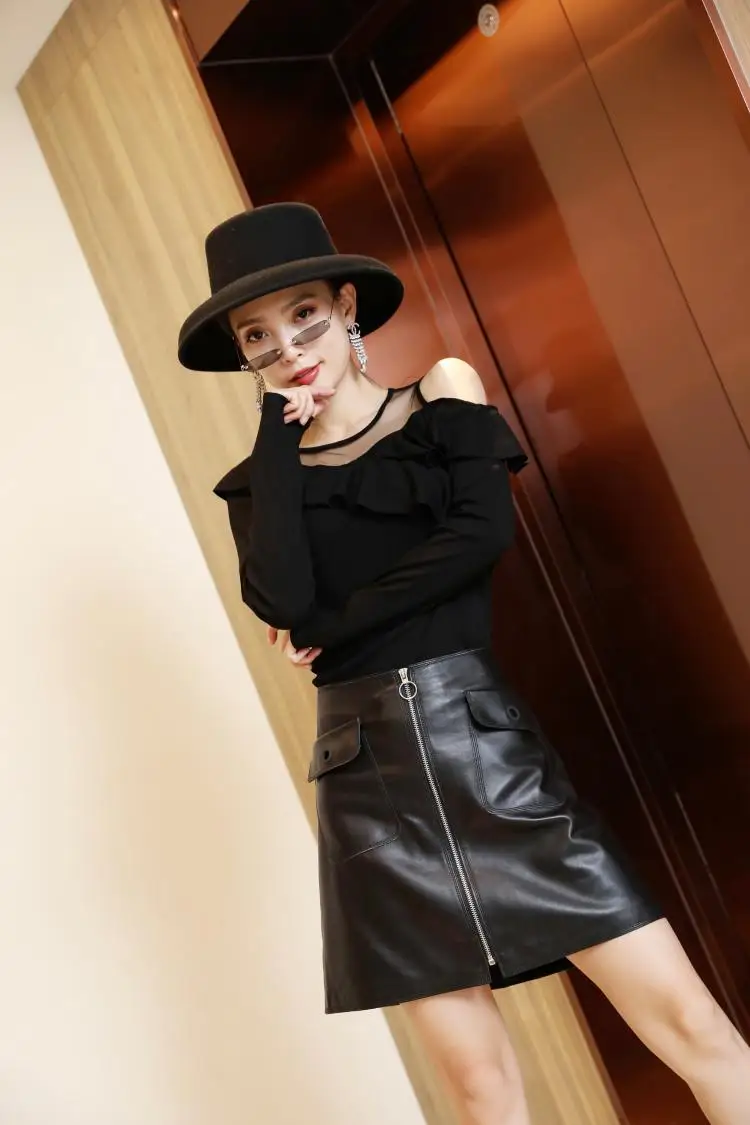 YR!Free shipping.brand quality women genuine leather A skirt.black soft sheepskin skirt.fashion slim High Waist Hip Wrap Skirt