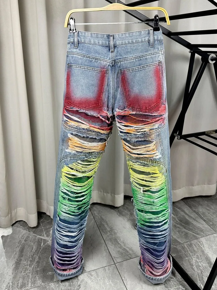 Fashion Mens Colorful Printed Hole Ripped Baggy Jeans Hip Hop Stage Show Denim Straight Pants Casual High Street Cowboy Pants