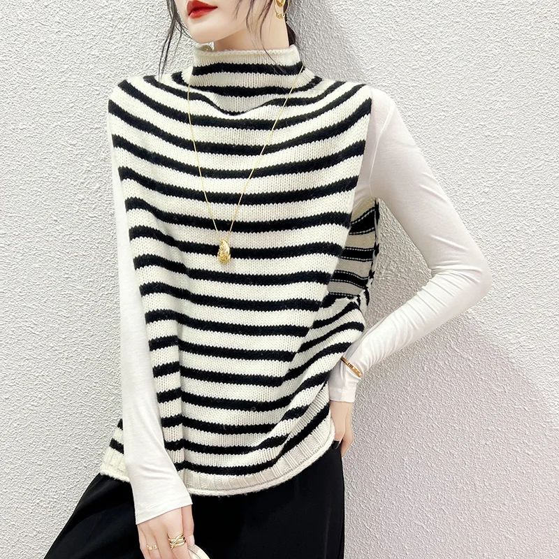 Half-High Collar 100% Pure Wool Women'S Pullover Vest Loose And Slimming Sleeveless Versatile Korean-Style Striped Knitwear