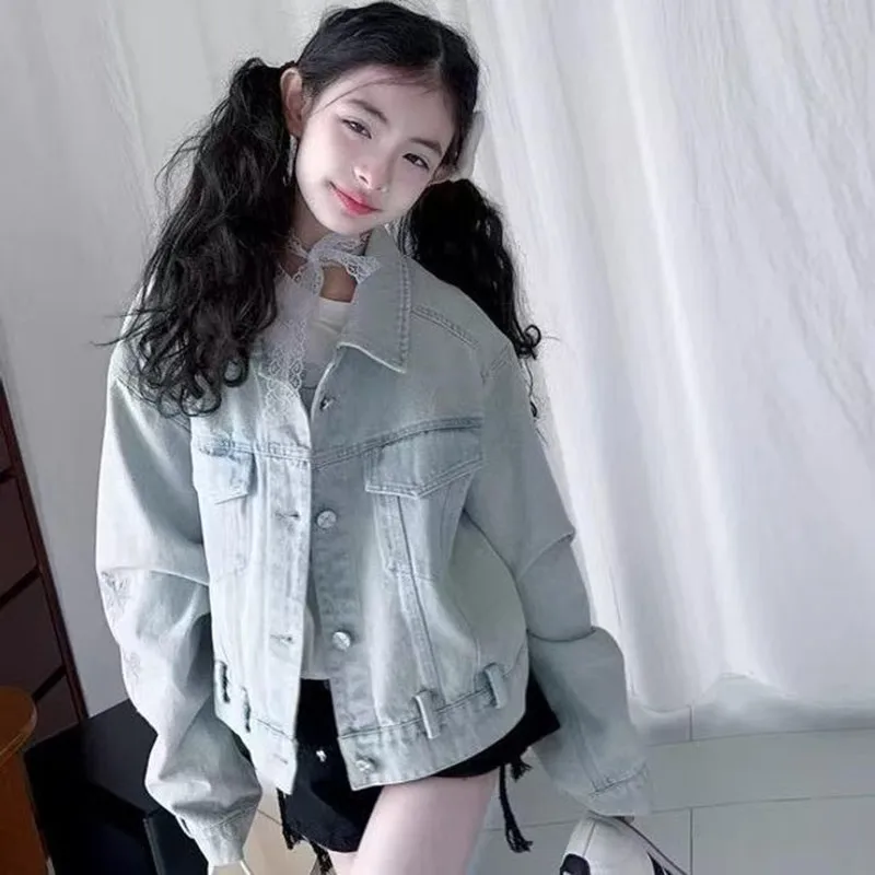

Teenage Girl Denim Jacket Spring and Autumn 2026 New Children's Casual Korean Butterfly Coat 120-170cm