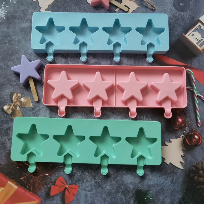 4 Cavities Star Ice Cream Silicone Mold DIY Cartoon Chocolate Jelly Biscuit Baking Mould Cake Decor Soap Candle Making Set Gifts