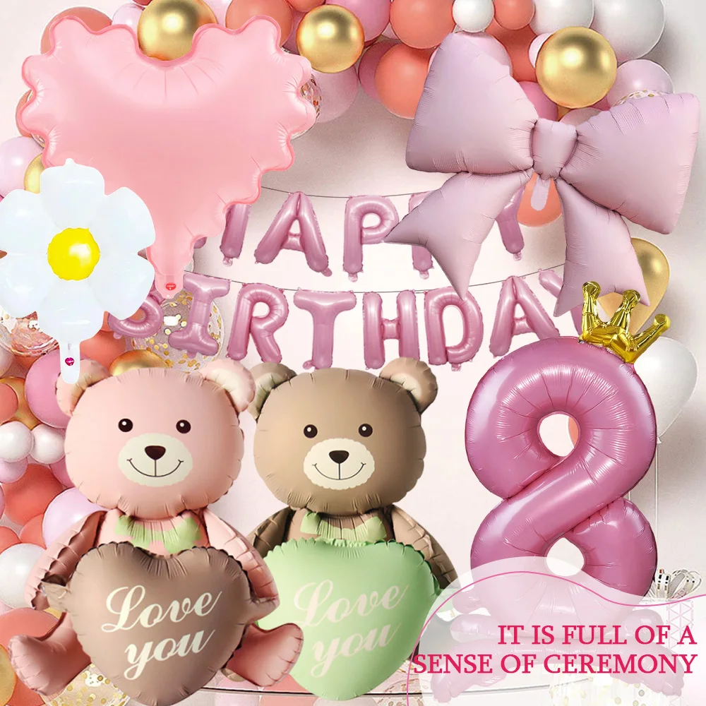 

Happy Birthday Letter Balloon Banner Pink Crown Number Bear Heart Flower kit for Birthday Party Wedding Anniversary Decoration
