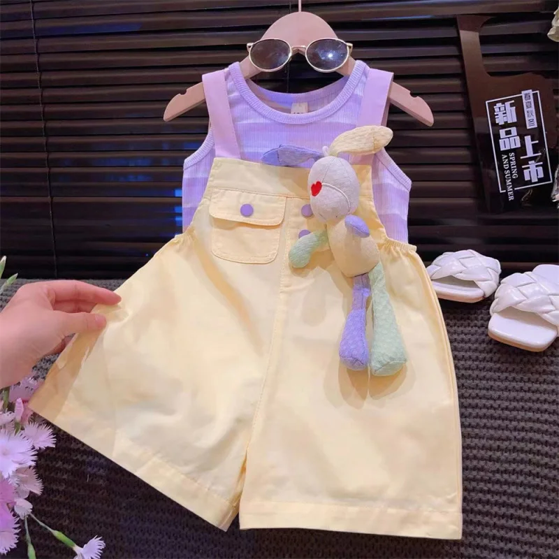 

New Girls' Striped Sleeveless Vest Suit2024Summer New Denim Suspender Pants Children Two-Piece Set