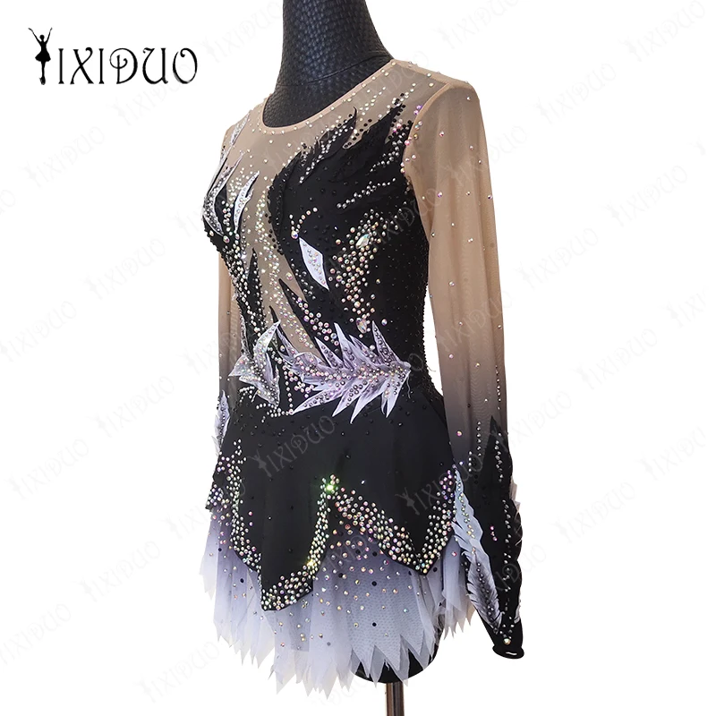 Adult Kids Figure Skating Costume Ice Figure Skating Dress Rhinestone Crystal Long Sleeve Mesh Spandex Stretchy Performance Wear