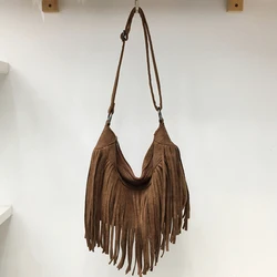 Bohemian Travel Hobos Bags For Women Luxury Designer Handbags Purses 2023 New In Tassel Faux Suede Frosted Shoulder Crossbody