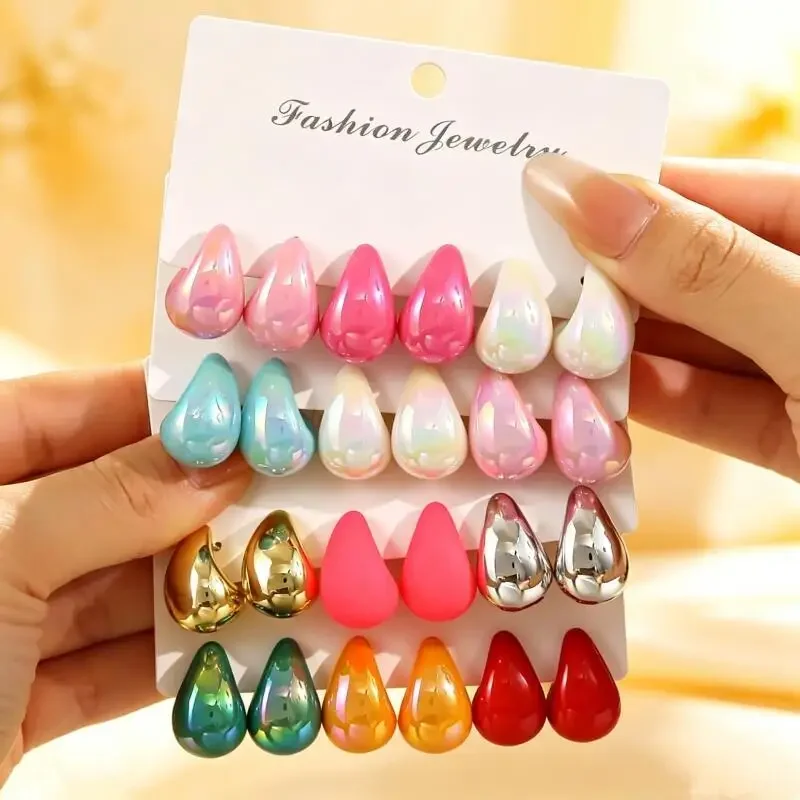 3 Pairs Water Drop Earring Set, Macaron Glossy Bean Stud Earrings, Classic Minimalist Design, Versatile for Daily Wear
