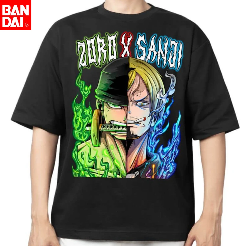 

Футболка мужская хлопковая One Piece 2026, уличная одежда, аниме, оверсайз, с коротким рукавом, повседневная, Zoro Sanji Fusion, зеленый, синий, с принтом пламени