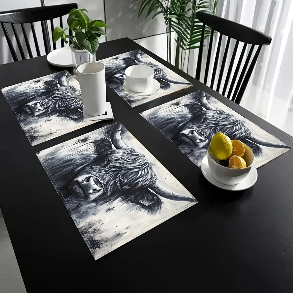 VIKAMA 4PC Scottish Highland Cow Art Placemats Art Restaurant Cafe Table Decor Accessories Nordic Style Home Decor