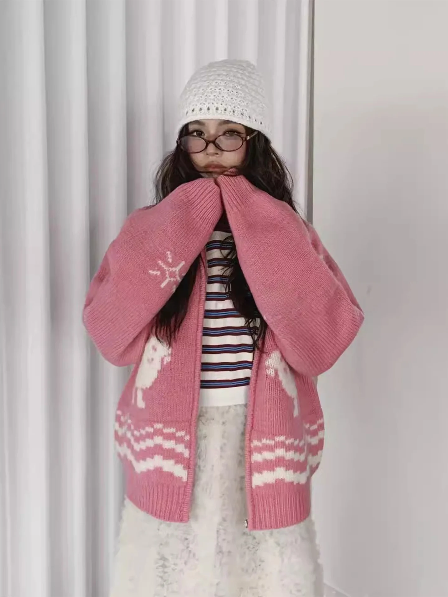 رائعتين مكافحة الشيخوخة اللون بلو الكرتون محبوك سستة Jaet المرأة فضفاضة تناسب شتاء جديد Sle طويل Sve سترة معطف #3