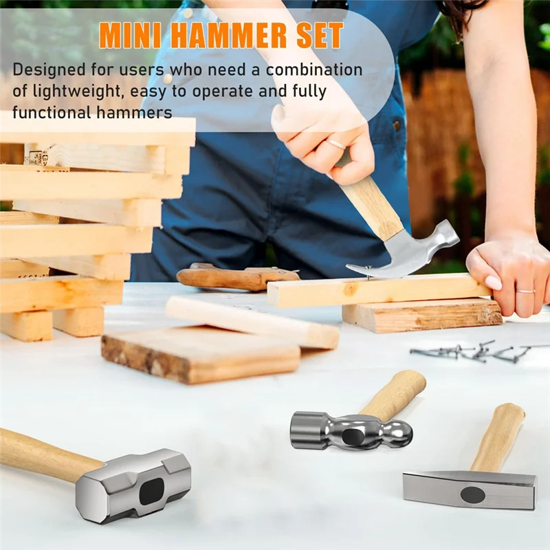 

AEE3-4 шт. Набор небольших молотков, головка из кованой и полированной стали, короткая деревянная ручка, молоток на 10 унций, шариковый молоток на 11 унций