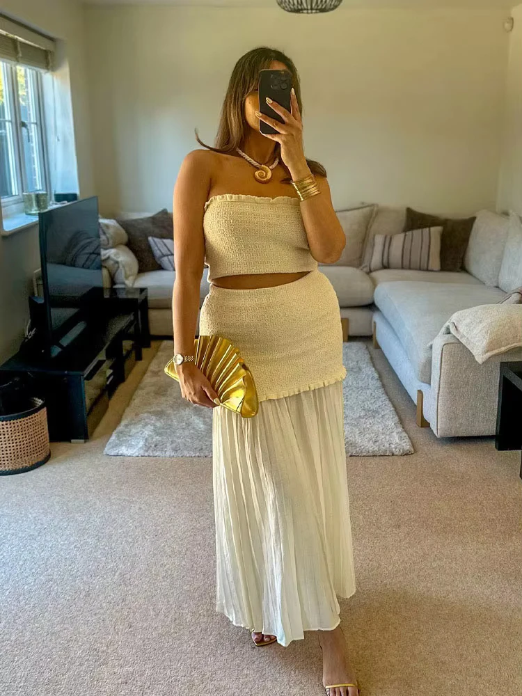 HH Women Summer Sexy Laminated Decoration Single-breasted Knitted Short-sleeved Top+Temperament High Street Long Skirt Suit