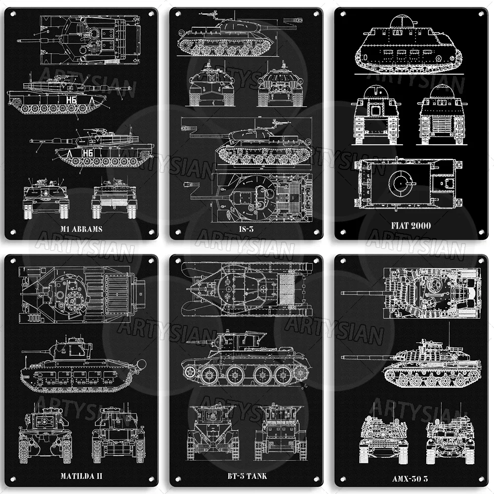 Tank Technical drawing Metal Sign Military Patent Plaque M1 Abrams IS-5 Fiat 2000 Matilda II BT-5 Tank AMX-30 5 K-Wagen SU-152