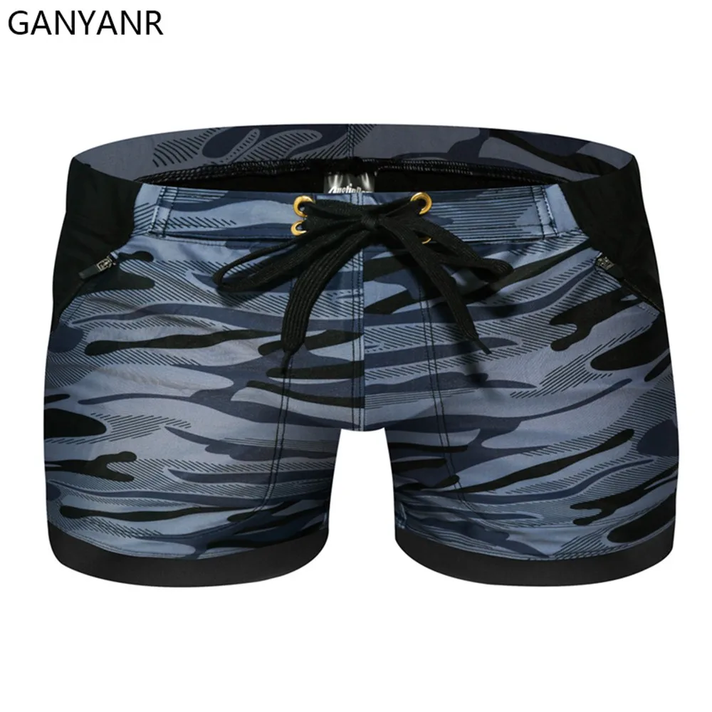 GANYANR Men Swimwear Camouflage Swimming Trunks Swim Shorts Sexy Swimsuit Brief bathing suit quick dry surf wear boardshorts