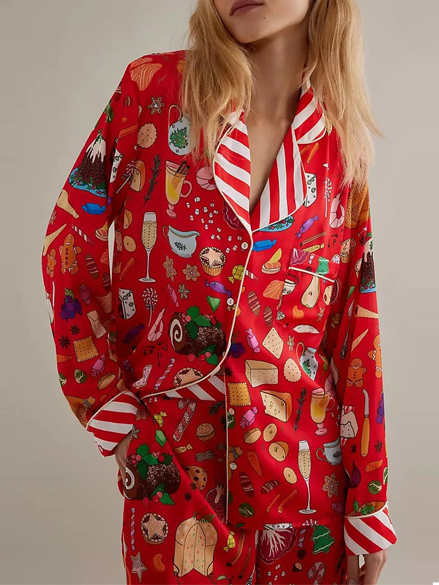 Conjunto de pijama para mujer, Tops con cierre de botones y manga larga con estampado de animales y pantalones, ropa de dormir