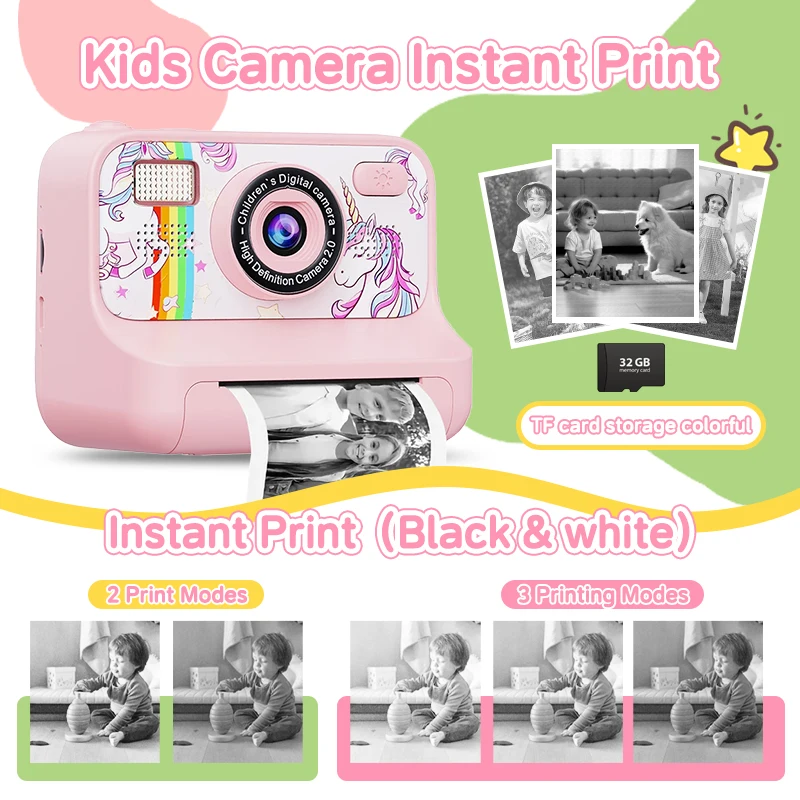 Summer 4000w Pixels Dual Lens 2.4inch 16X Zoom Kids Camera Instant Print Kids Camera for Kids for ages 3-12 Girls Boys Giftskids