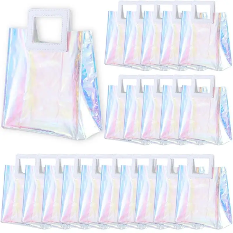 20PCS Clear Holographic Tote Bags 7 X 4 X 8 Reusable Iridescent Tote Gift Bags For Women Clear PVC Tote Bags Clear PVC Tote Bags