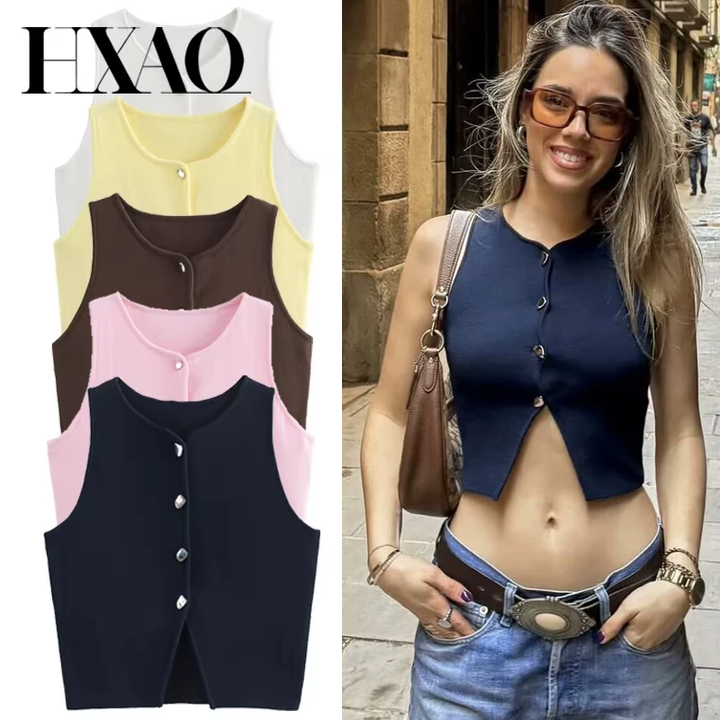

HXAO 2025 Women's Crop Knit Vest White Green Yellow Brown Navy Blue Vest Cozy Tricot Sleeveless Vest Women Chic Pretty Sweaters