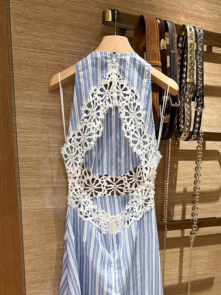 Ele Summer Dr Weste, ausgehöhlte Blumenstickerei, Streifen, hohe Taille, A-Linie, langer Rock ohne Sve, rund, Ne Dr