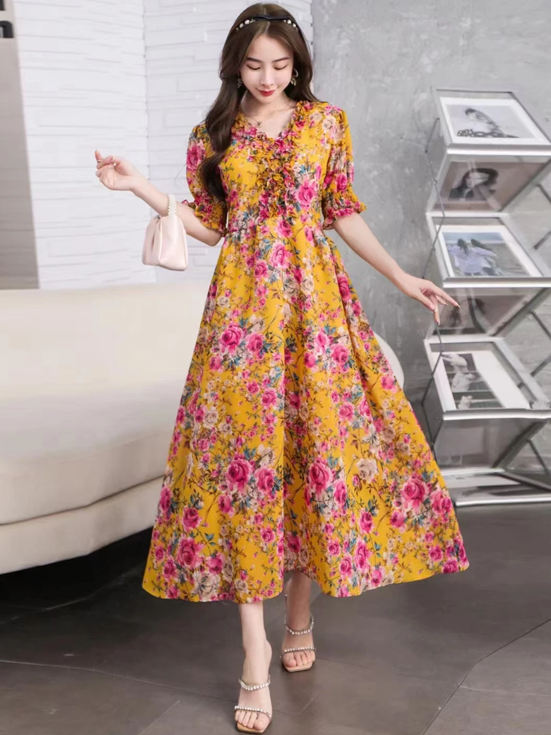 2023 nuevo verano mujeres cuello pico manga corta ajustado vestido largo coreano dulce árbol comestible hongo Patchwork gasa vestido Floral