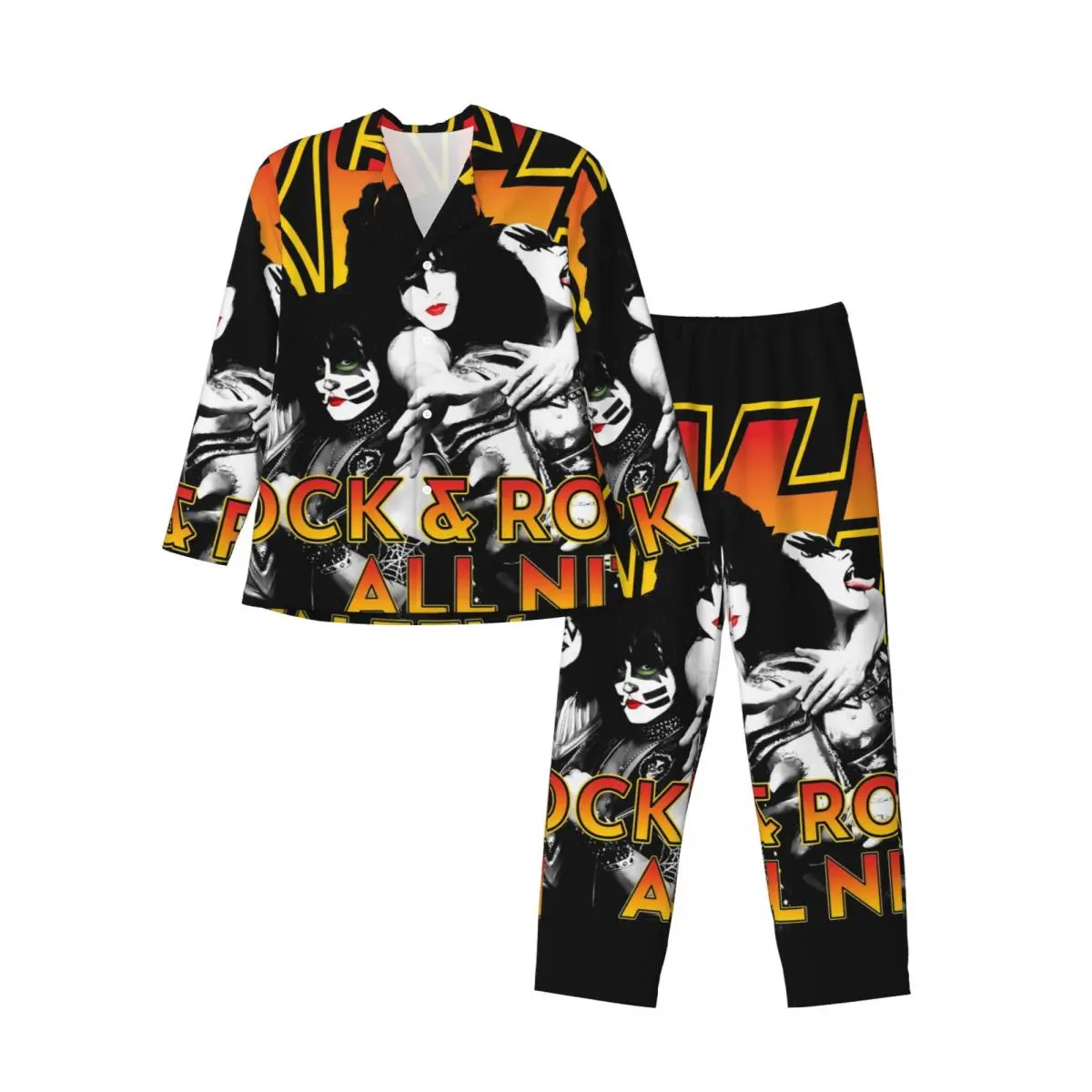 Kiss Band-Conjunto de pijama de 2 piezas para hombre, ropa de dormir informal de manga larga con banda de música Rock, traje de Casa de talla grande 2XL