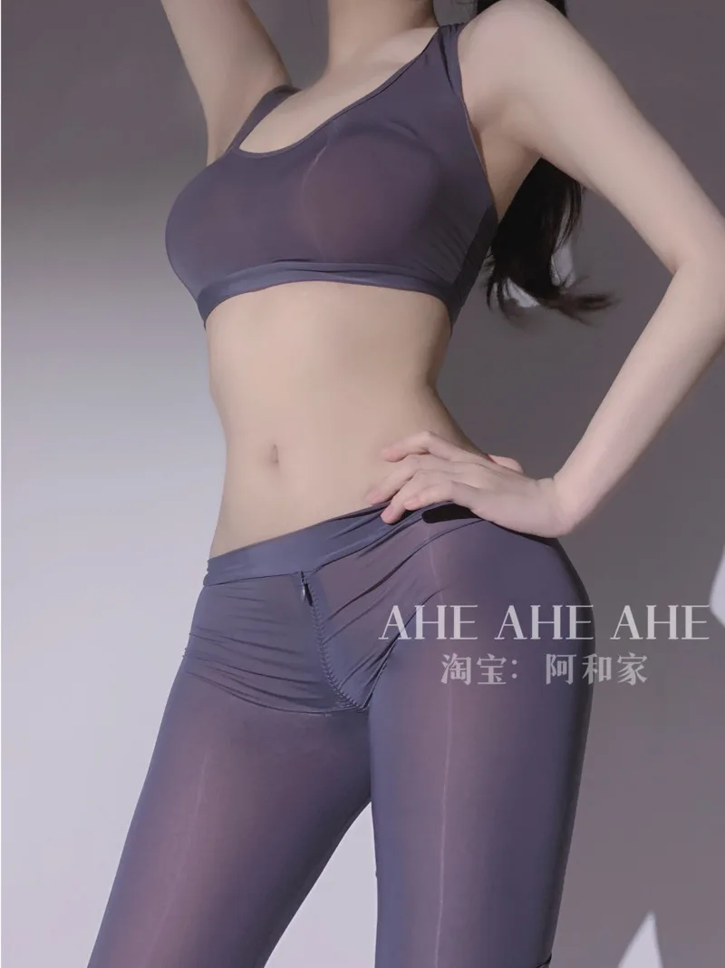 Outdoor Private Yoga Sexy Ice Silk Zipper Open Hip tuta attillata 2 pezzi Set top abiti carini per le donne D027