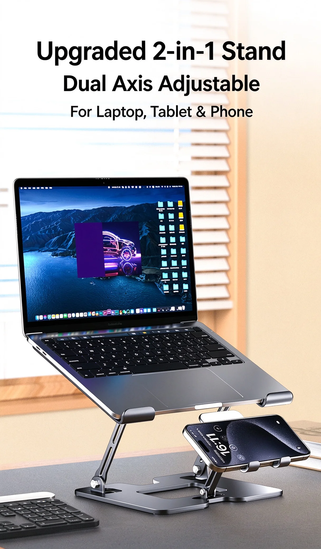 2 in 1 Laptop & Phone Cooling Stand with Dual Fans, Silent Notebook Riser Bracket, Air Cooling Holder for Gaming Laptop Heat Dis