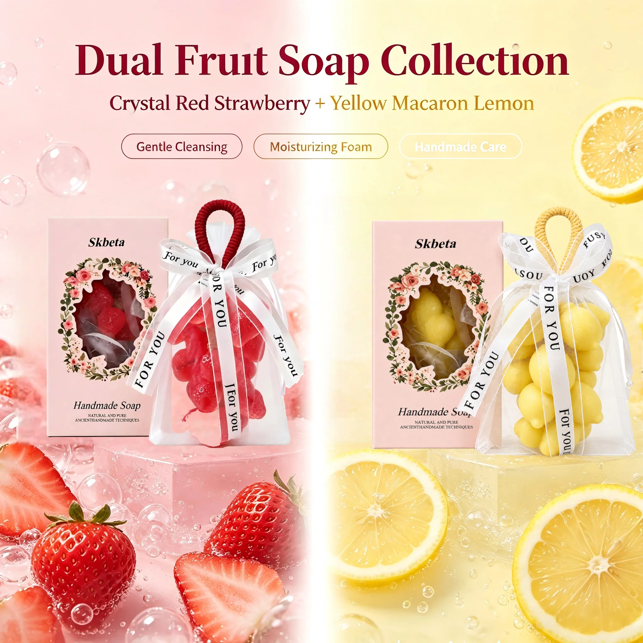 Strawberry / Lemon Soap Bars for Face Body Hands Gentle Cleansing Moisturizing Natural Fruit Scented Soap Creative Gift for Home