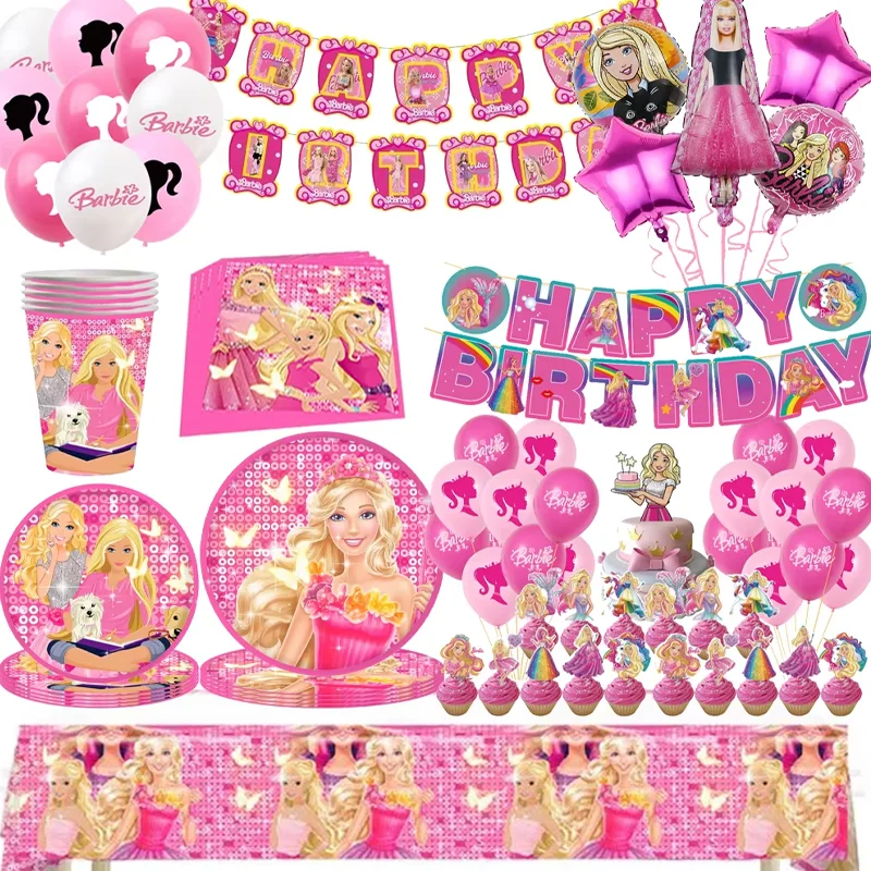 Suprimentos para Festa de Aniversário com Tema Princesa Rosa - Balões, Faixa Decorativa - Copos, Pratos, Toalhas de Mesa, Decorações para Batismo Infantil