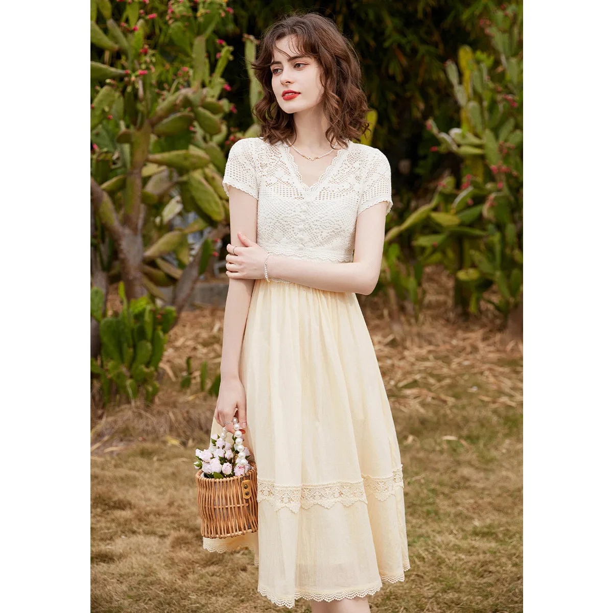 LOUIS YAO Women Dress Elegant Lace V Neck Short Sleeve 2024 Summer A-LINE Slim Fit Long Apricot Dress