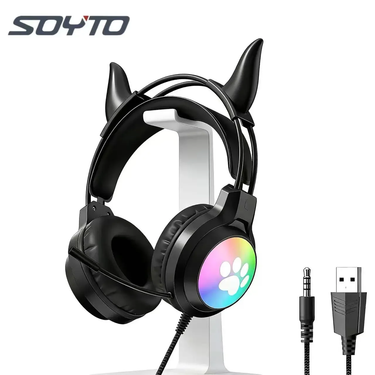 SOYTO RGB Light Wired Over-Ear Gaming Headset with Cute Devil Ears Noise Cancelling 3D Deep Bass Universal for Desktop Laptop PC