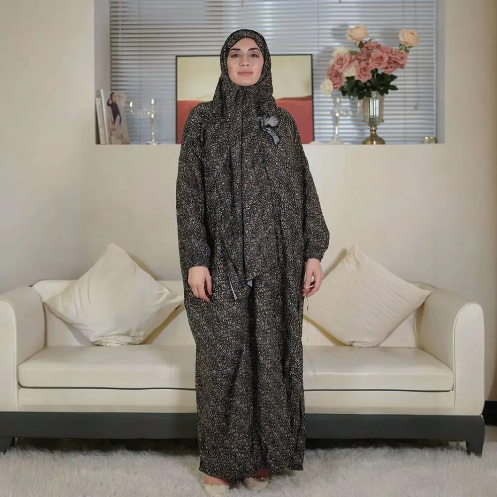 Plus Size Women Fashion Floral Print Kaftan Dress With Scarf Long Sleeve Loose Elegant Muslim Islamic Prayer Maxi Casual Robe