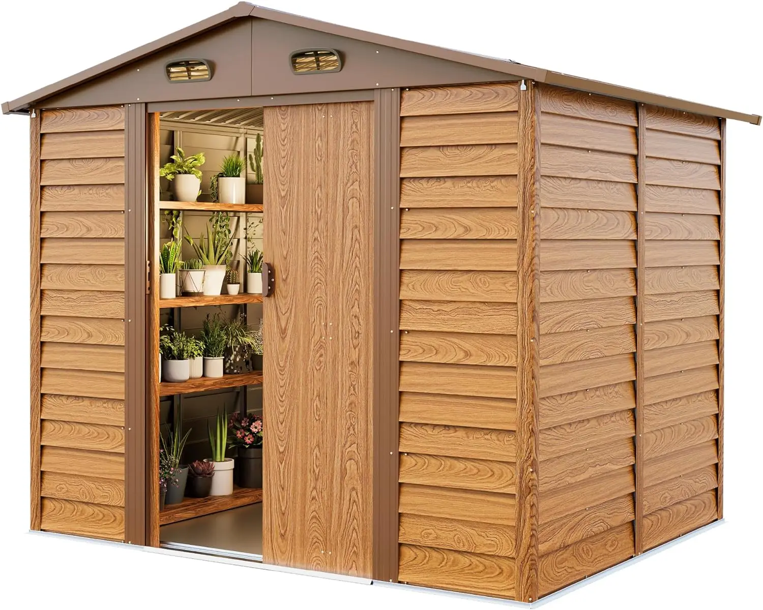 8x6' Outdoor Storage Shed, Wood Grain Galvanized Metal Shed with Double Sliding Doors, Foundation, Tool Storage Sheds for Garden