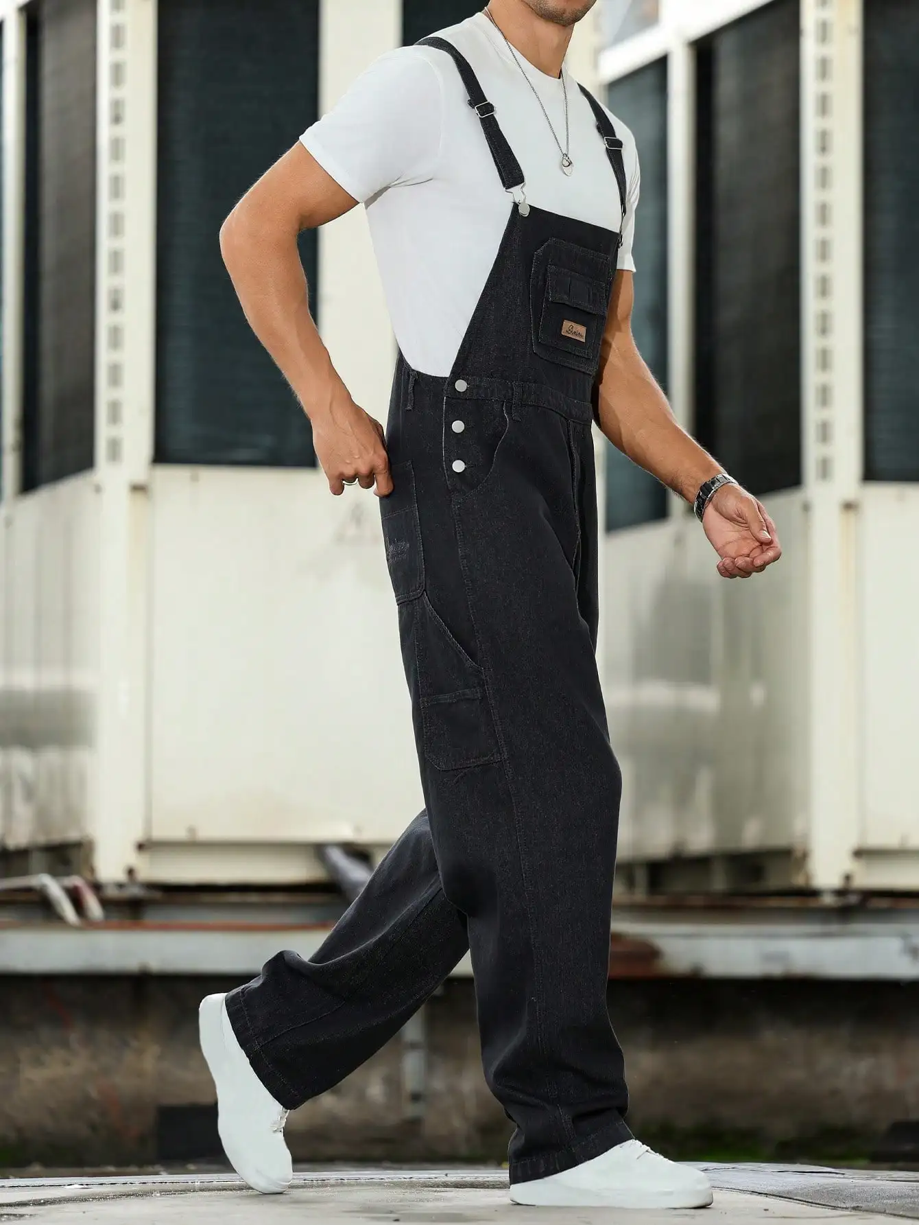 트렌디한 남성용 다크 그레이 데님 오버올, 심플한 작업복 디자인, 세련된 스트리트 스타일, 모든 계절에 적합한 점프수트