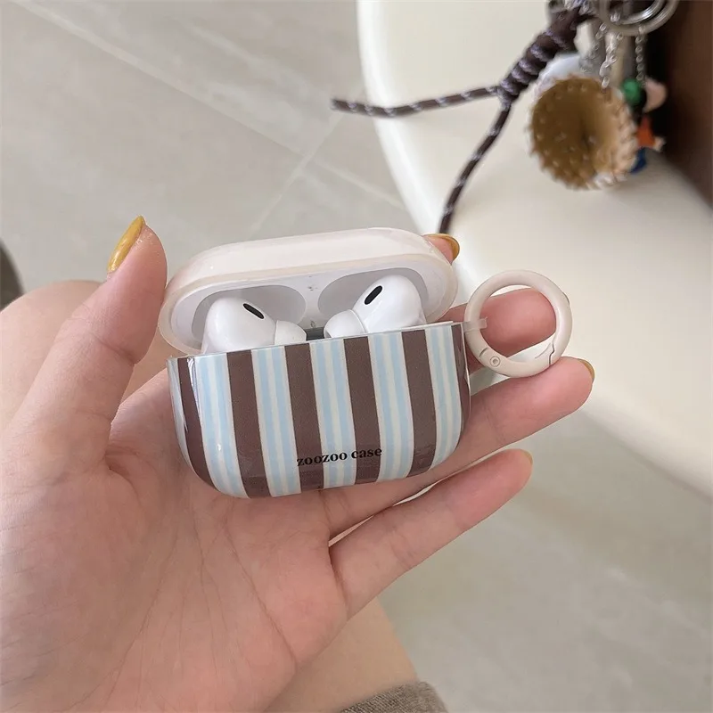 

Brown Blue Stripes Case For AirPods 4 1 2 3 Cover For AirPods Pro2 Wireless Bluetooth Cases Protective Case with Puppy Pendant