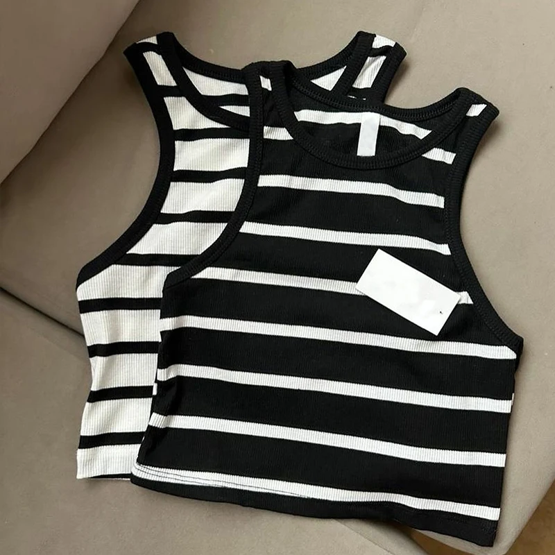 Casual Stripes Ribbed Knit Tank Top Women Summer High Street Y2k Clothes Basic Block Sleeveless O-neck Crop Tops Punk Streetwear