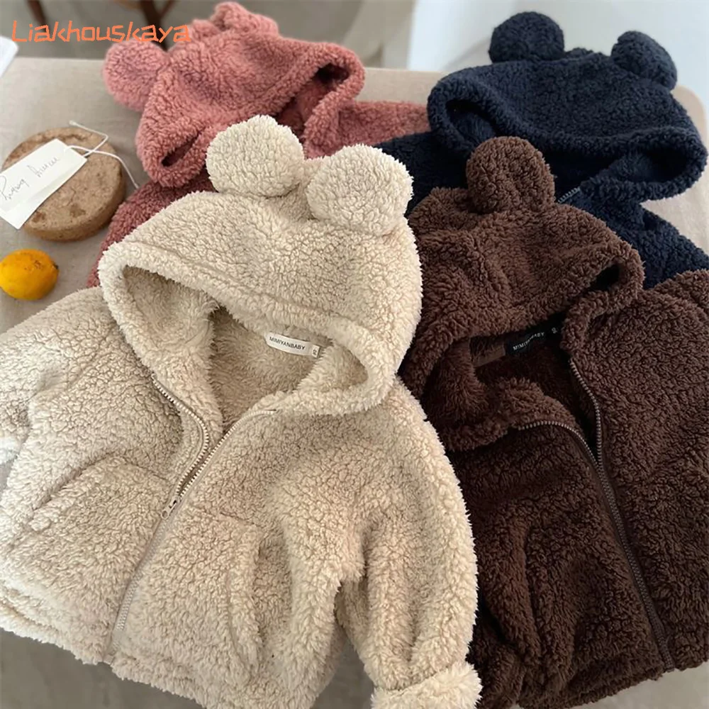 80-130cm 2026 Newest Baby Boys Girls Winter Warm Furry Hooded Coat Thickened Plus Velvet Zipper Jacket Cute Plush Outerwear