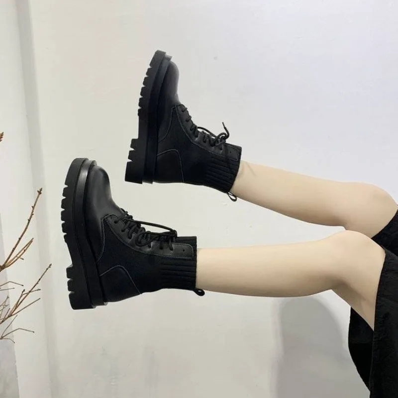 Chunky Elastic Sock Footwear Short Shoes for Women Platform with Laces Female Ankle Boots Lace-up Booties Waterproof Boot Pu Y2k