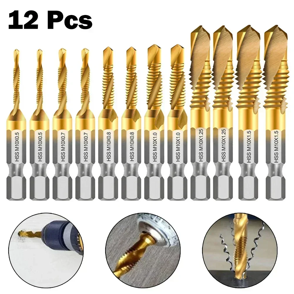 12pcs Tap Drill Bit Set Hex Shank Titanium Plated HSS Screw Thread Bit Screw Machine Compound Tap For Metal Steel Wood Plastic