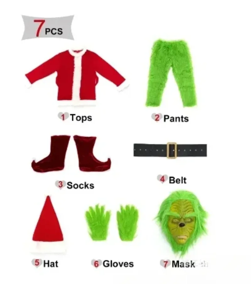 Conjunto de disfraz de Papá Noel para fiesta de Navidad, graduación, juego de rol para adultos, monstruo verde peludo, traje de Cosplay de Halloween, guantes, máscara