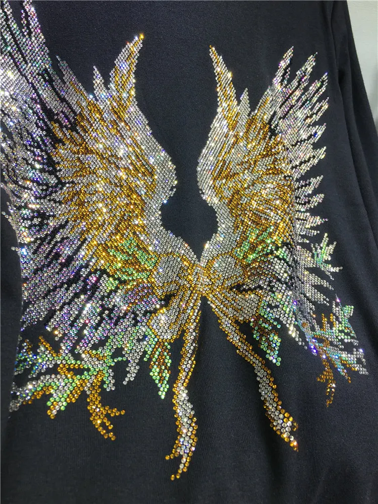 2026 New Autumn Winter Black Long Sleeve T-shirt Luxury Wings Hot Diamonds Round Neck Pullover Top All-match Casual Basic Tees