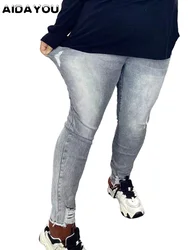 Jeans rasgado para mulheres, elástico, curvado, Baggy, extragrande, elástico, cortado, plus size, 26, 28, 30, 5X, 6X, 4X