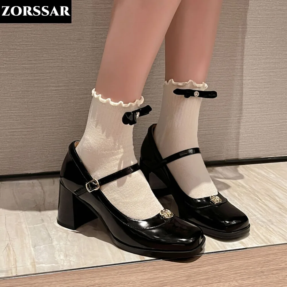 

2024 New Vintage Women's Shoes Black Mary Janes Shoes Sexy High Heels Dress Shoes Chunky Pumps Spring Autumn Zapatos Mujer