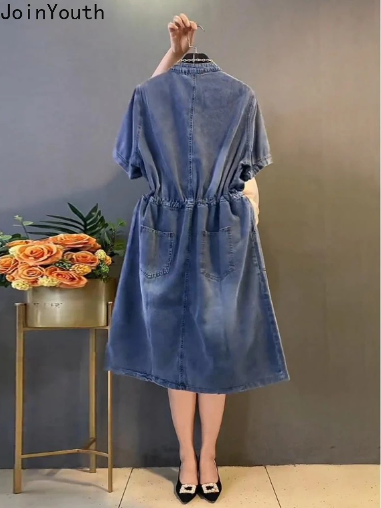 Vintage Denim Dresses for Women Heavy Beading Slim Waist Robe Femme 2024 Vestidos De Mujer Fashion Casual Summer Oversized Dress