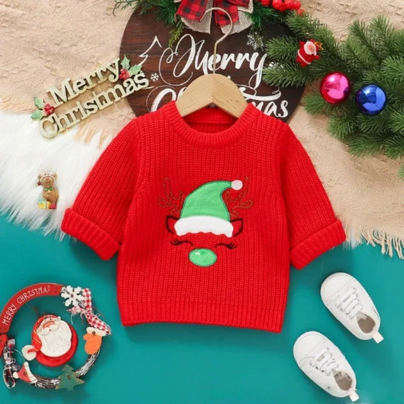 

Рождественский детский вязаный свитер с вышивкой оленя, теплый пуловер для мальчиков и девочек, праздничный вязаный пуловер с длинными рукавами, топы